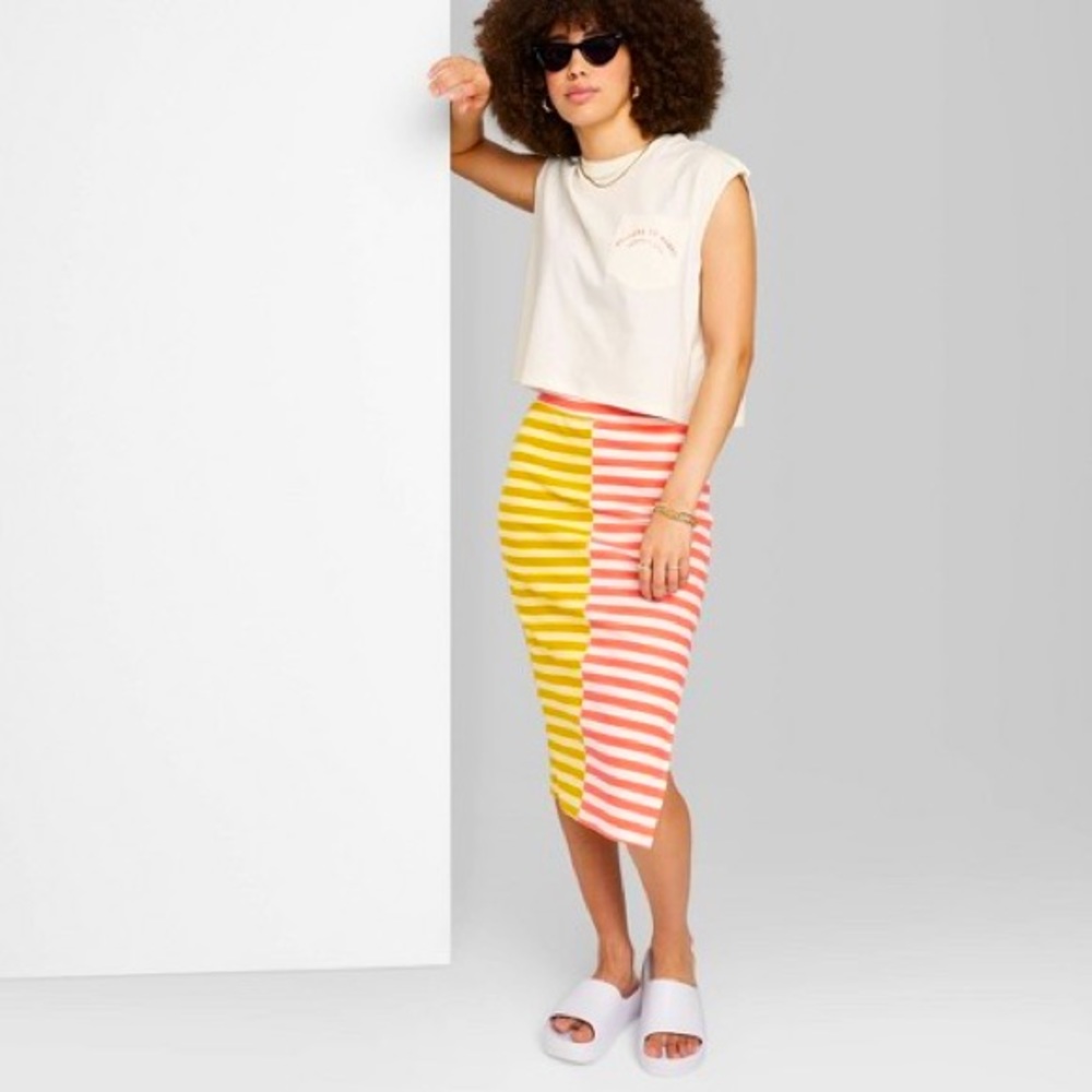 Ascot + Hart Striped Graphic Fitted Midi Skirt with Slit Size Small